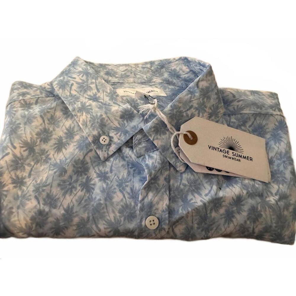 NWT VINTAGE SUMMER Swimwear Mens Palm tree Print white/Blue Button down Shirt  L